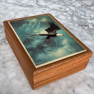 Solid wood jewelry box with bald eagle top, signed by artist Ted Blaylock, 1986